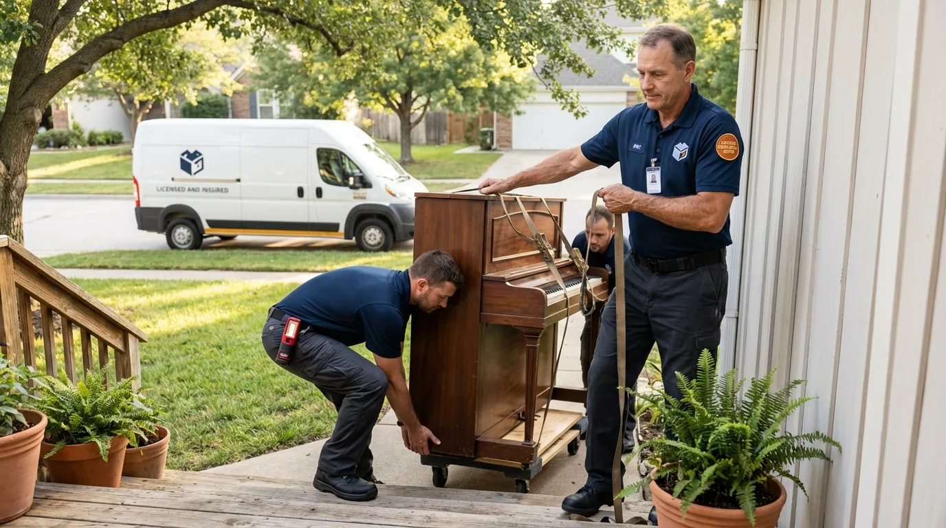 Licensed piano movers securing grand piano in Livingston, TN