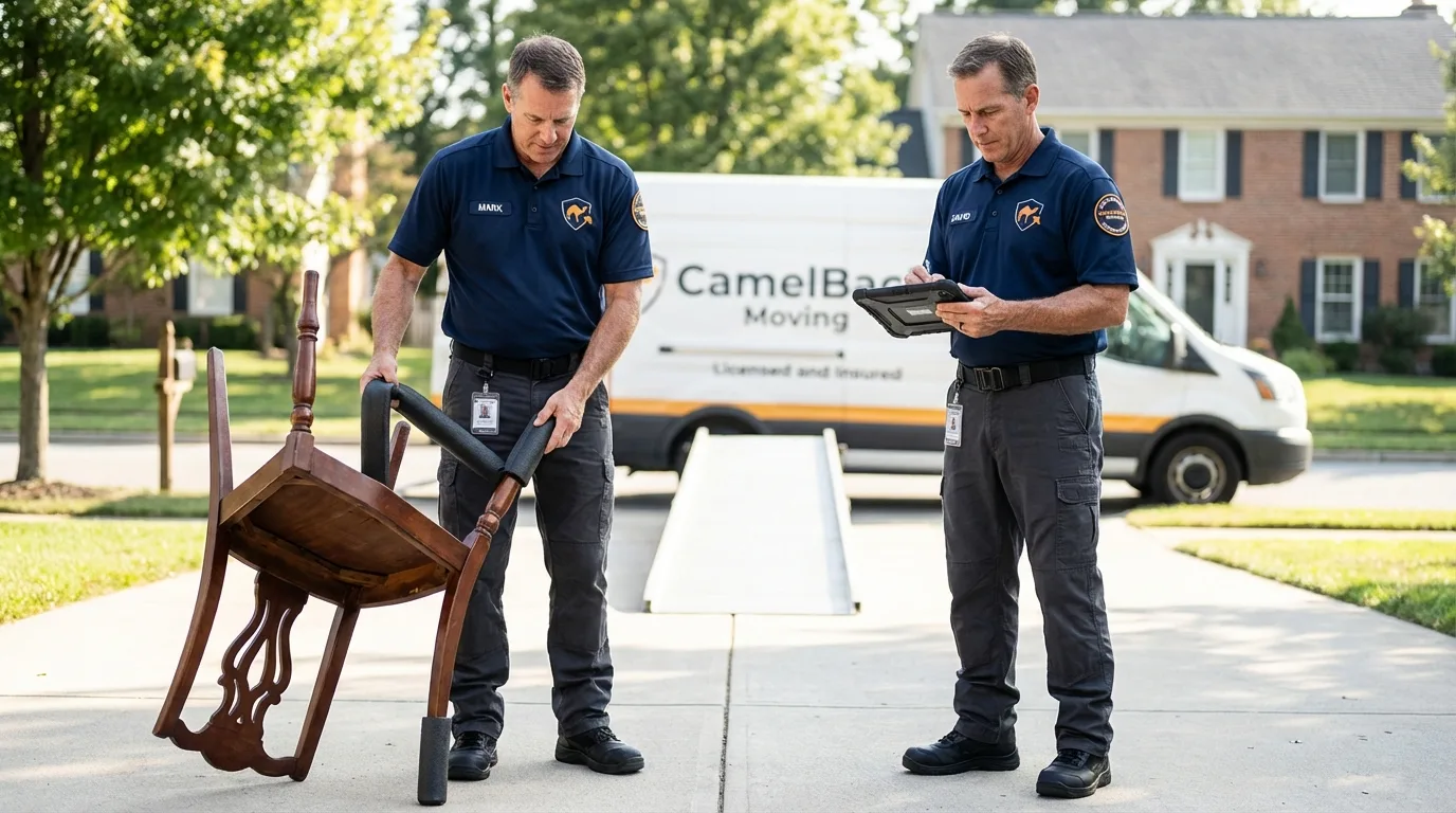 Movers inspecting furniture for damage prevention before loading in Livingston, TN