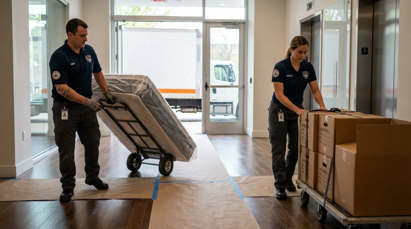 Professional apartment movers loading elevator in Livingston, TN