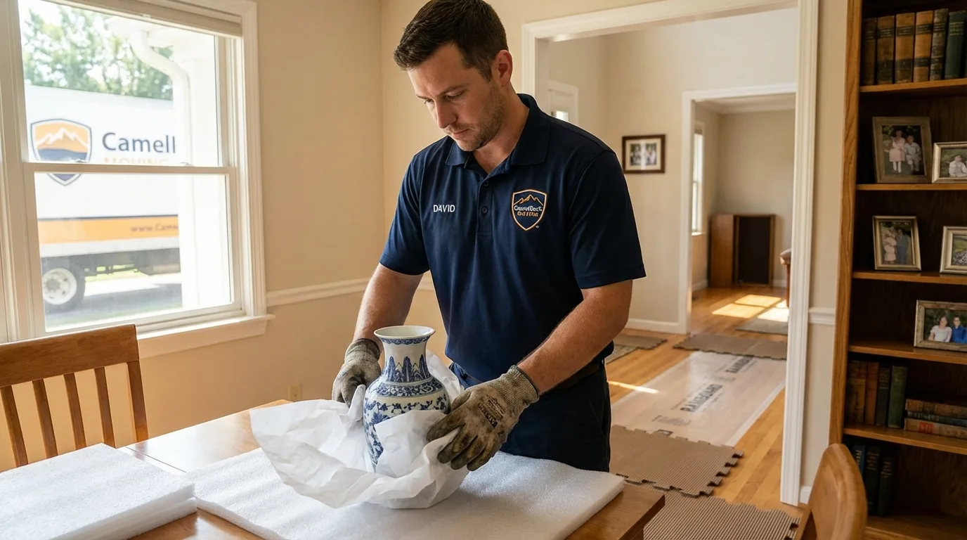 Professional crew carefully wrapping antique vase for senior downsizing move in Livingston, TN